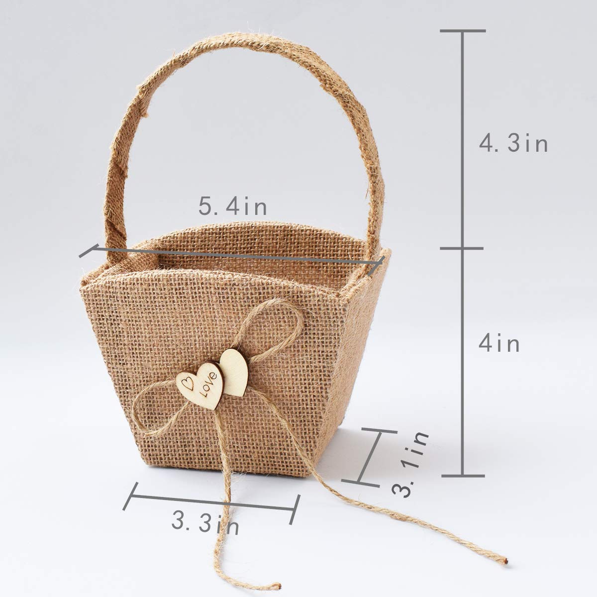 Atailove 2Pcs Burlap Wedding Flower Girl Basket Double Love Heart And Bowknot For Vintage Rustic Wedding