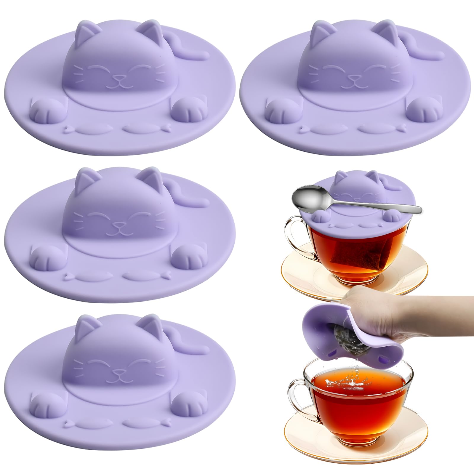 Enenes Tea Bag Holder and Squeezer 4 Pack, 4 Inch Cat Silicone Cup Cover