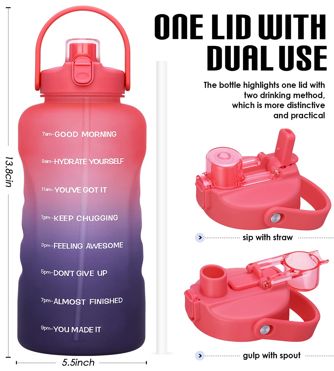 HydroPal Water Bottles with Straw  128 oz Gallon Water Bottle Water Jug BPA Free Leak-proof Sports Bottle with Times to Drink Perfect for Fitness Gym Camping Outdoor (128OZ Fabled Sunset)