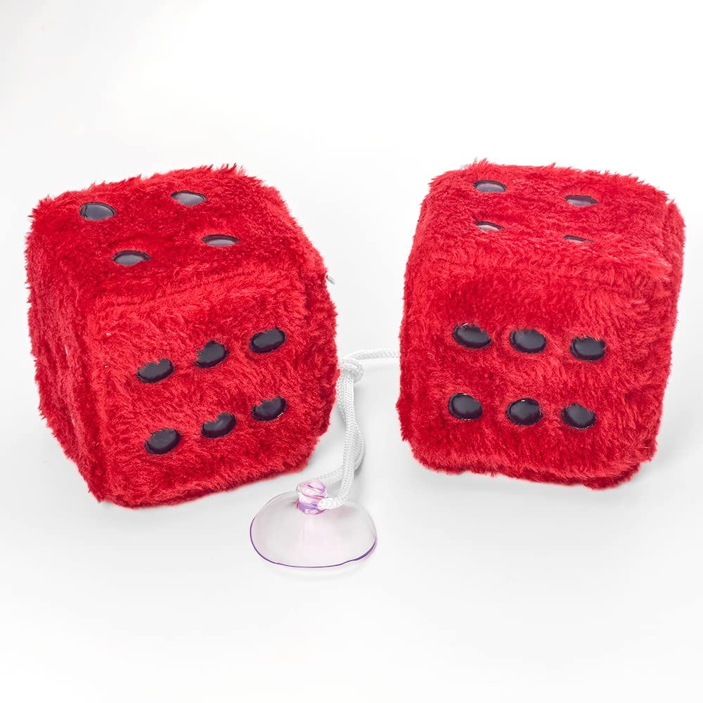 Pair 3    Red with White Dots Mirror Fuzzy Plush Dice,Red and White Soft Plush Car Decorative Hanging Ornament