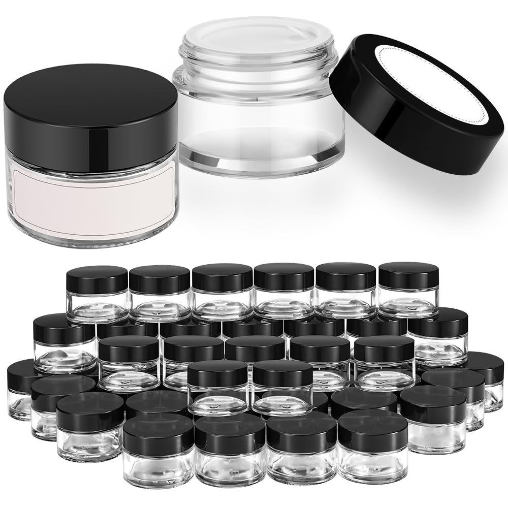 48 Pack, 1 Oz Small Glass Jars Empty Leak Proof Round Clear Canning Jars With Black Lids, White Labels & Inner Liners, Mini Cosm