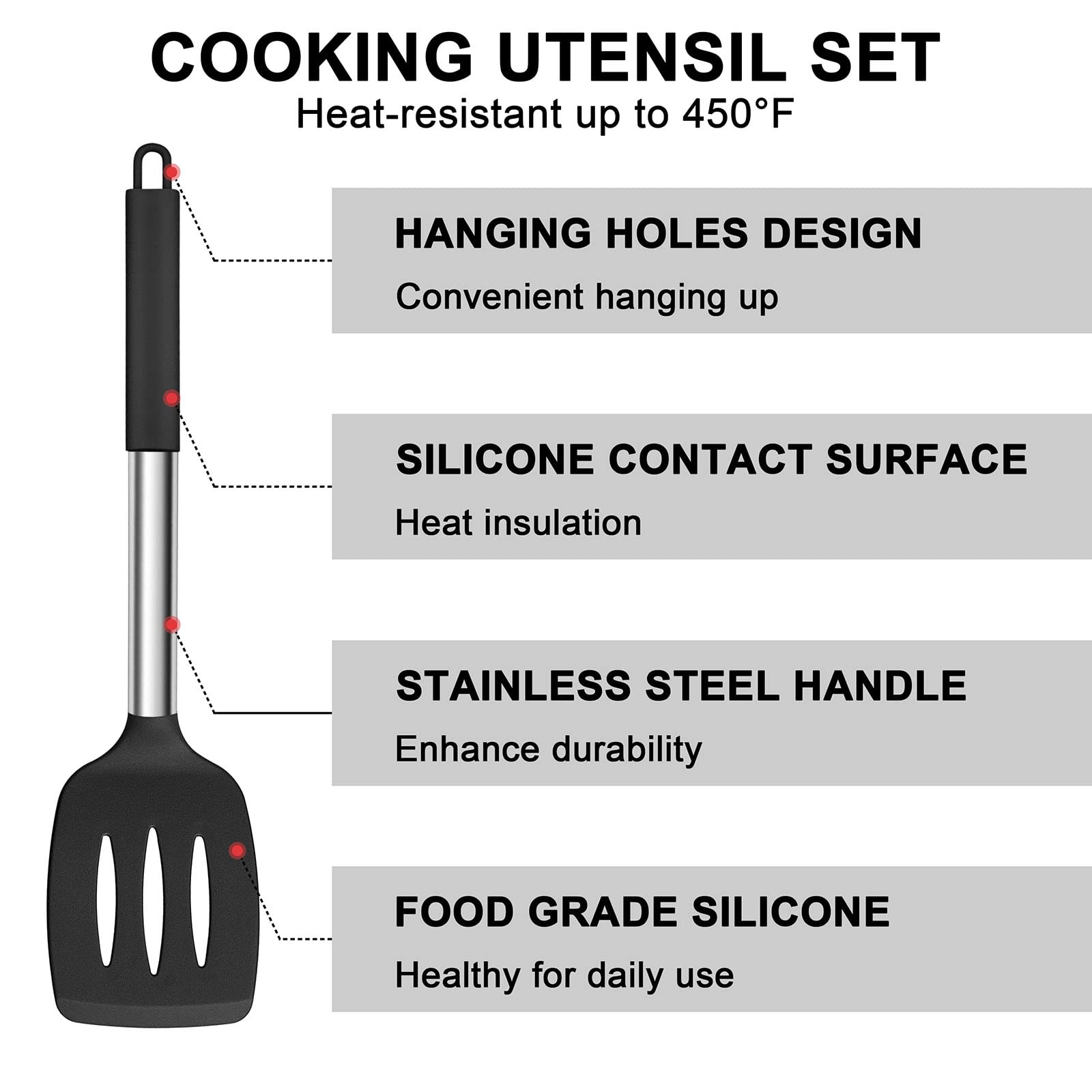 E-Far Silicone Cooking Utensils Set, 7 Pcs Heat Resistant Kitchen Utensils With Stainless Steel Handle, Slotted Turner, Spoon, S