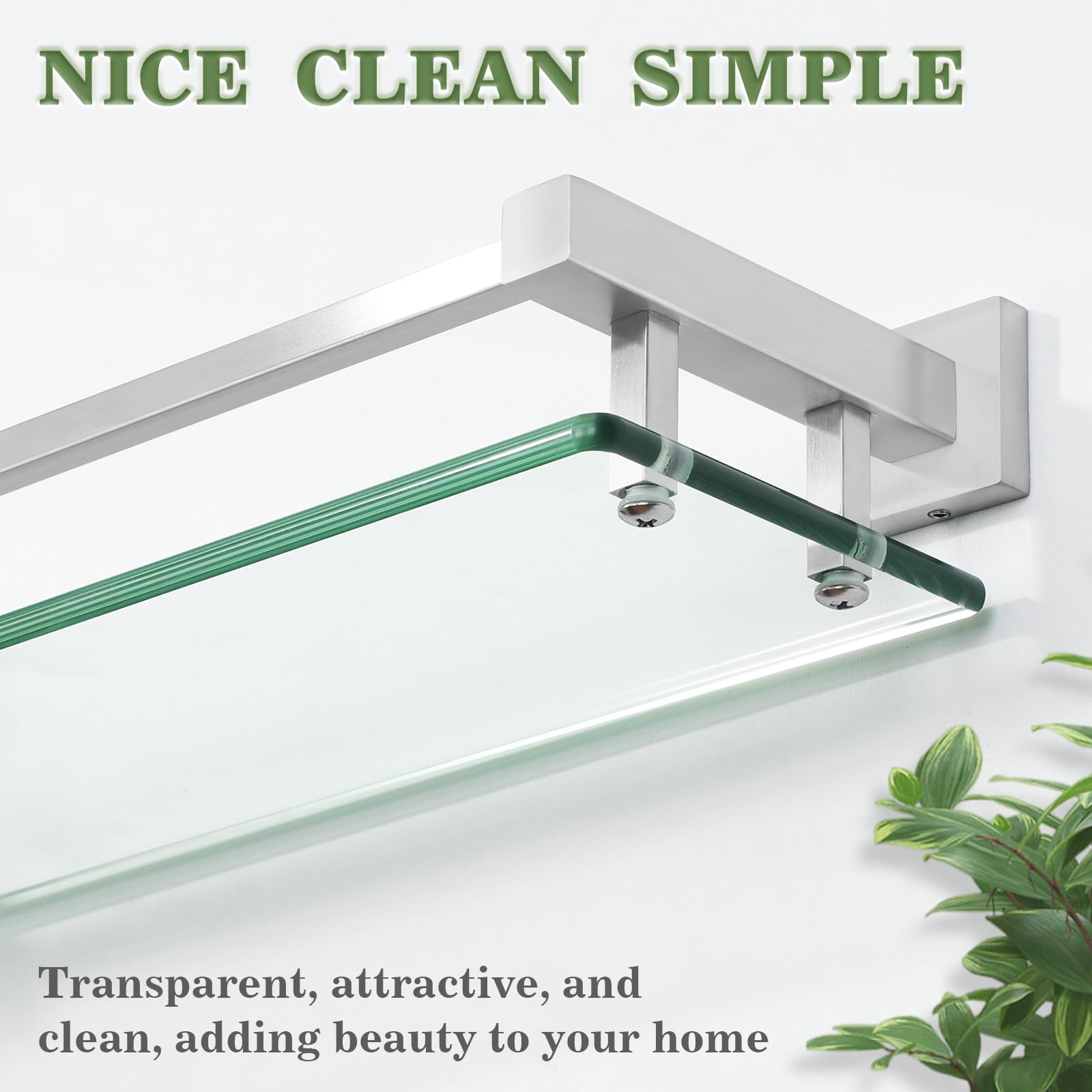 Alise Glass Bathroom Shelf, Brushed Nickel Tempered Glass Shelves For Bathroom, Stainless Steel Modern Bathroom Floating Shelves