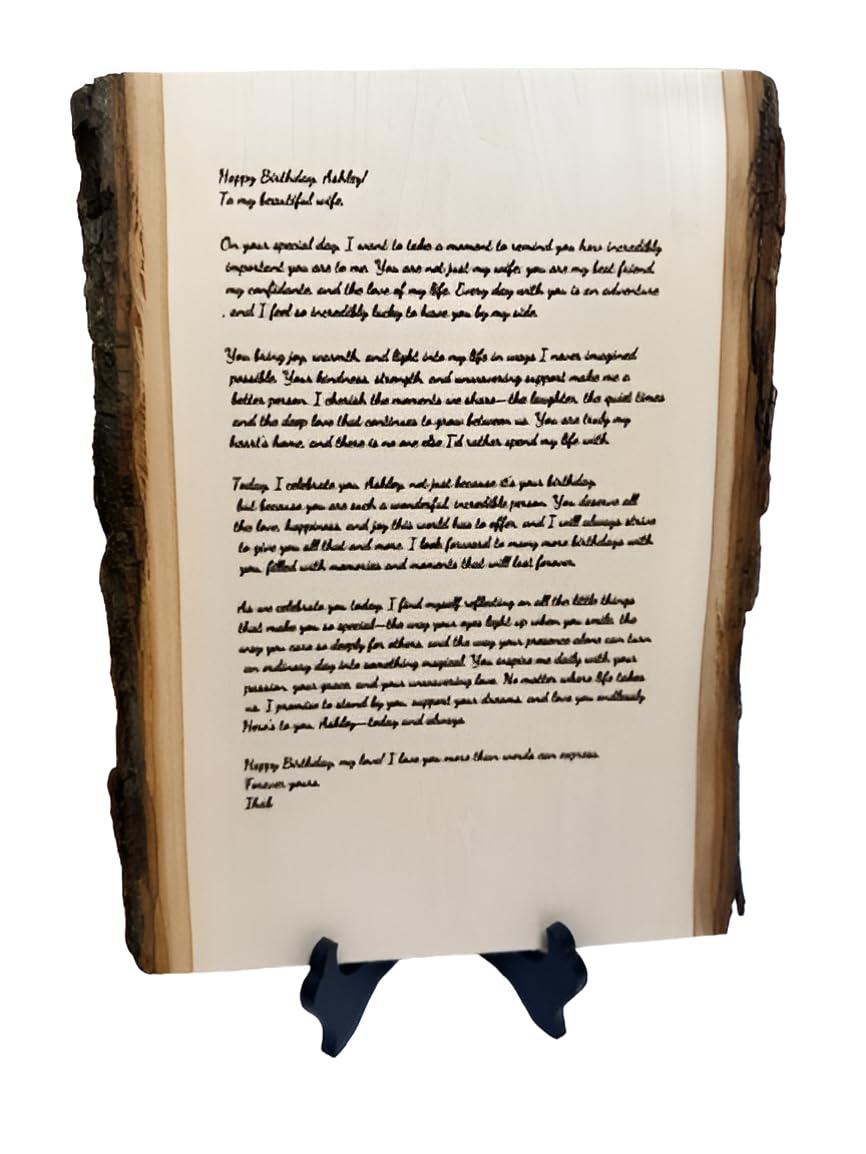 Personalized Wood Engraving with Your Message, Poem or Letter - Custom Rustic Plaque with Bark - 11x7-9 Inches - Unique Gift for