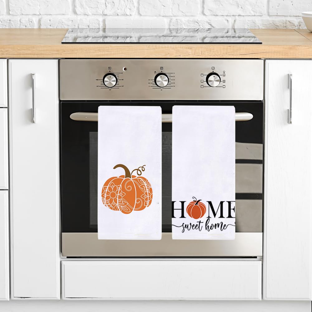 Fall Pumpkins Home Sweet Home Kitchen Dish Towel 18 X 28 Inch Set Of 2, Seasonal Autumn Harvest Thanksgiving Holiday Tea Towels