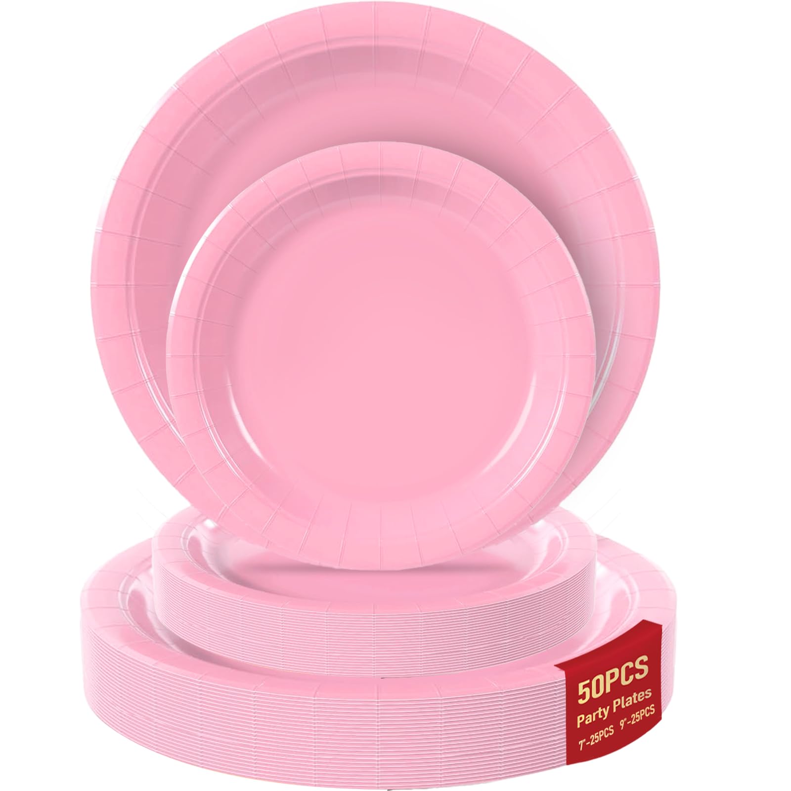 50 Pink Paper Plates for Party Set Includes 25-9 & 25-7 Thickened Disposable Plates, Birthday Cake Dessert Plates for Party Supp