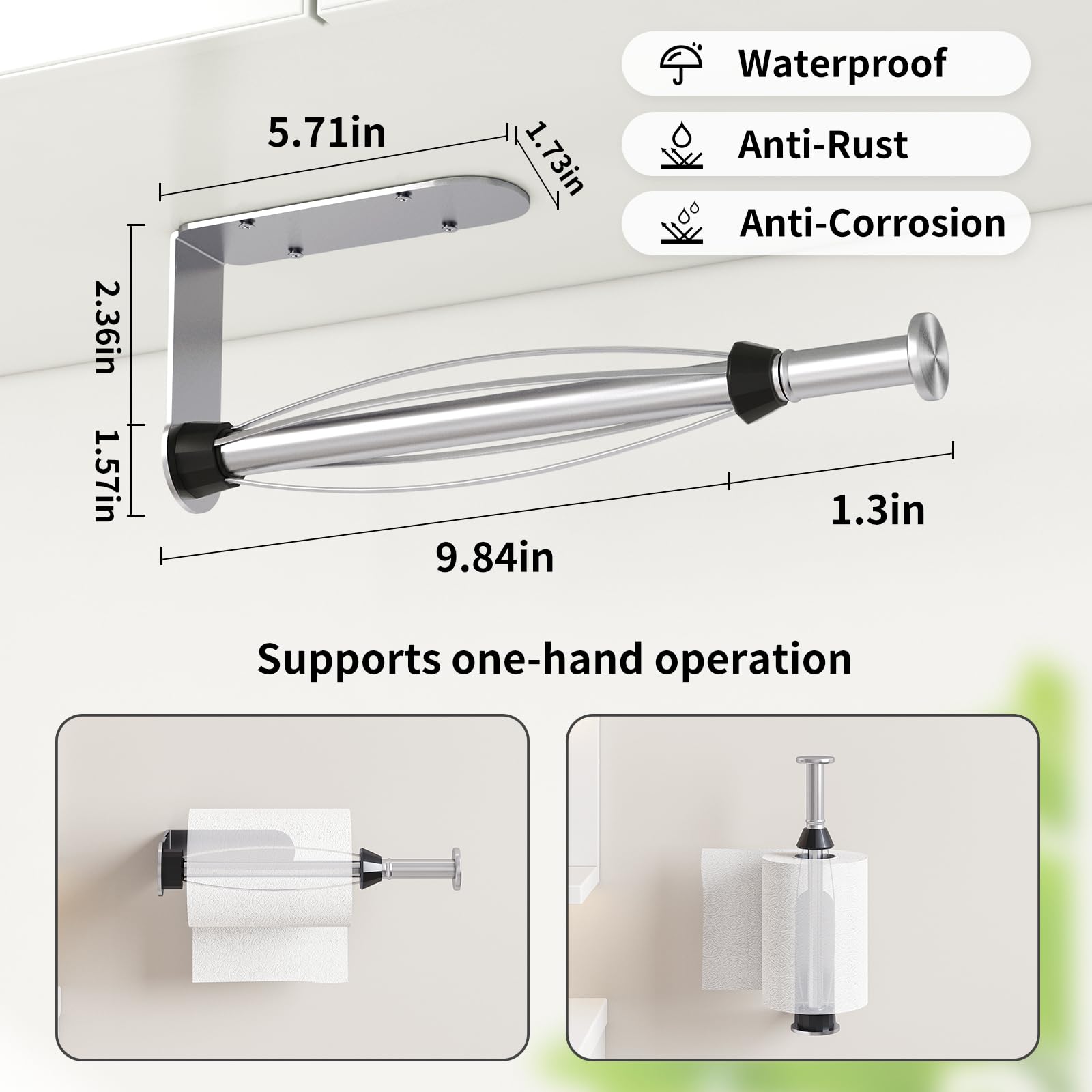 Fixwal Paper Towel Holder Under Cabinet, Single Hand Operable Wall Mount Paper Towel Holder With Damping Effect, Bend-Resistant,