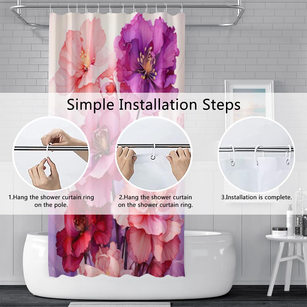 Uiiooazy Pink Shower Curtain For Bathroom Rose Pink Floral Shower Curtain Set With Hooks Abstract Purple Pink Flowers Bathtub De