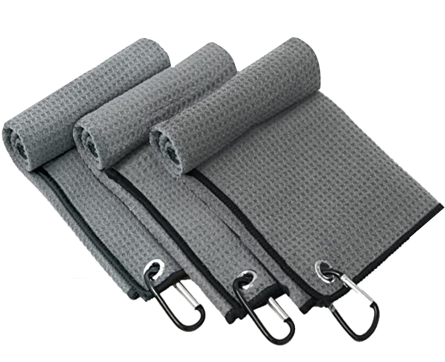 Pack of 3 Microfiber Golf Towel with Carabinar Clip, Strong Absorbent Quality- Suitable Size for Golf Cart Bag, Waffle Pattern G