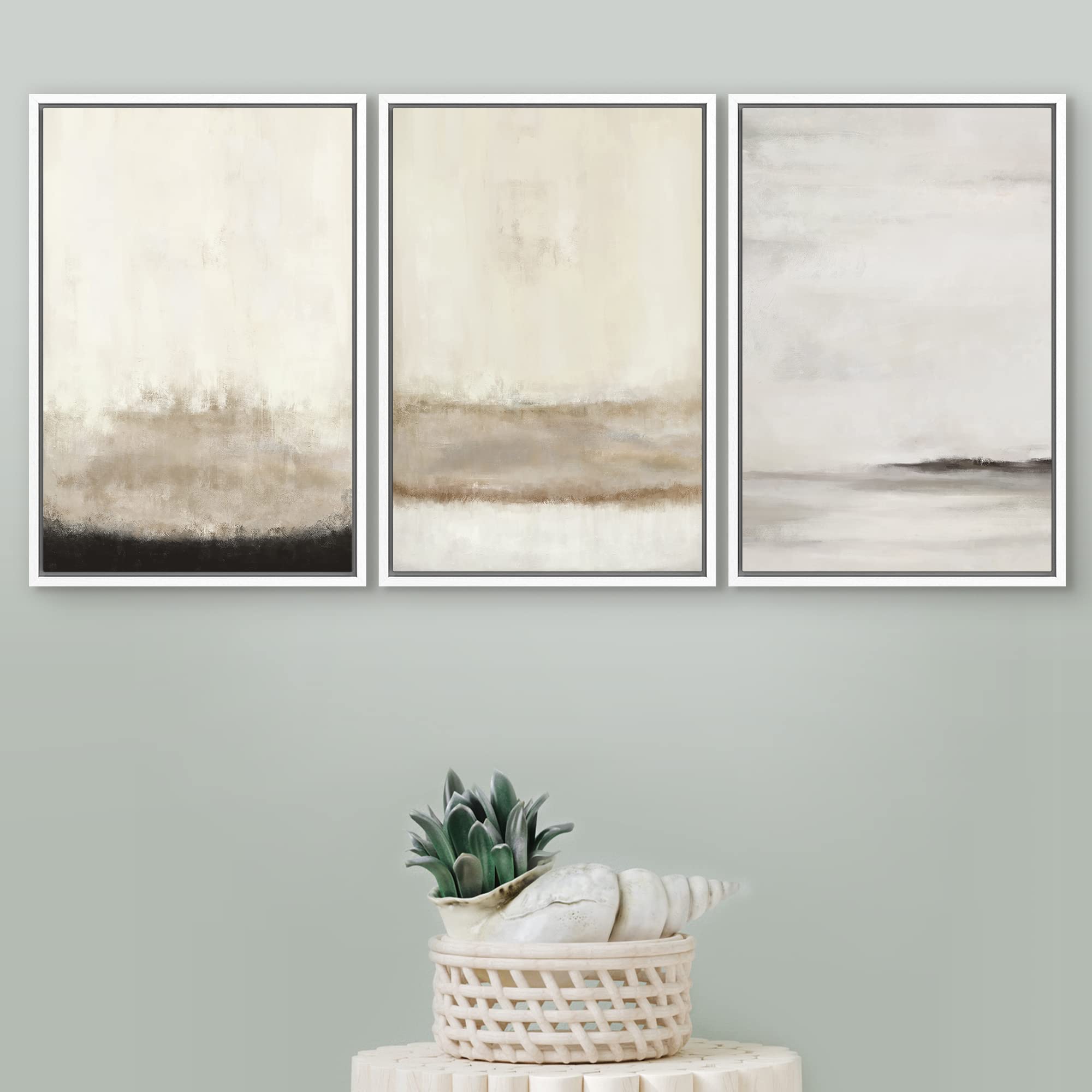 Signford Framed Canvas Print Wall Art Set Minimal Gray Tan Paint Stroke Landscape Abstract Shapes Digital Art Modern Art Decorat