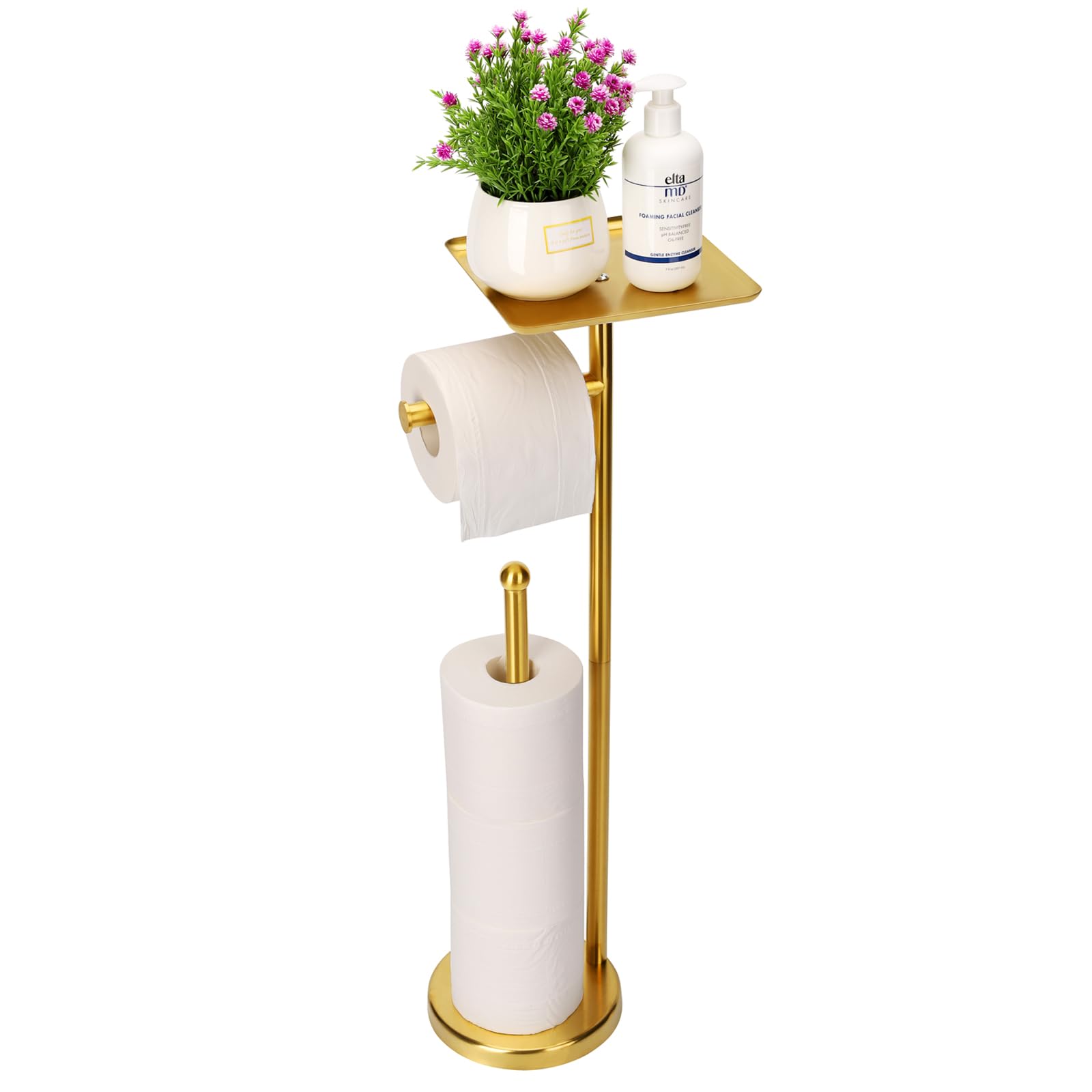 Noonext Gold Toilet Paper Holder Stand, Freestanding Toilet Paper Stand With Tray For Small Items, Toilet Paper Holder With Shel