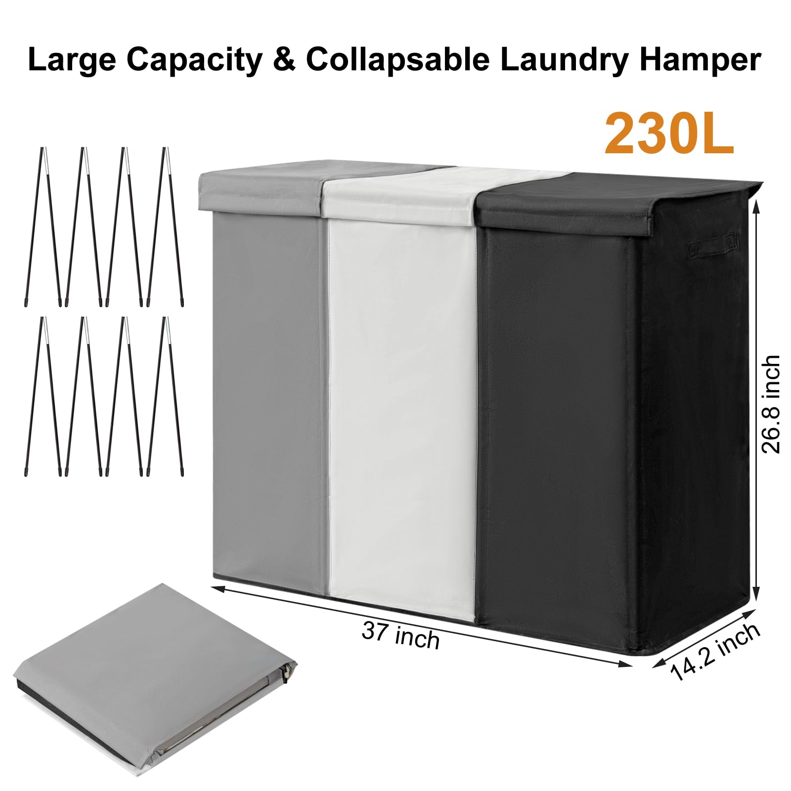 Wowlive 230L Laundry Baseket With Lid And Removable Laundry Bags,Large Laundry Hamper 3 Section Collapsible Dirty Clothes Hamper