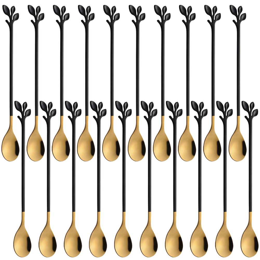Ansaw Black & Gold Leaf Handle Long Teaspoons - 7.4 '' Stainless Steel Coffee & Tea Stirring Spoons, Coffee Stir Spoon Set Of 20