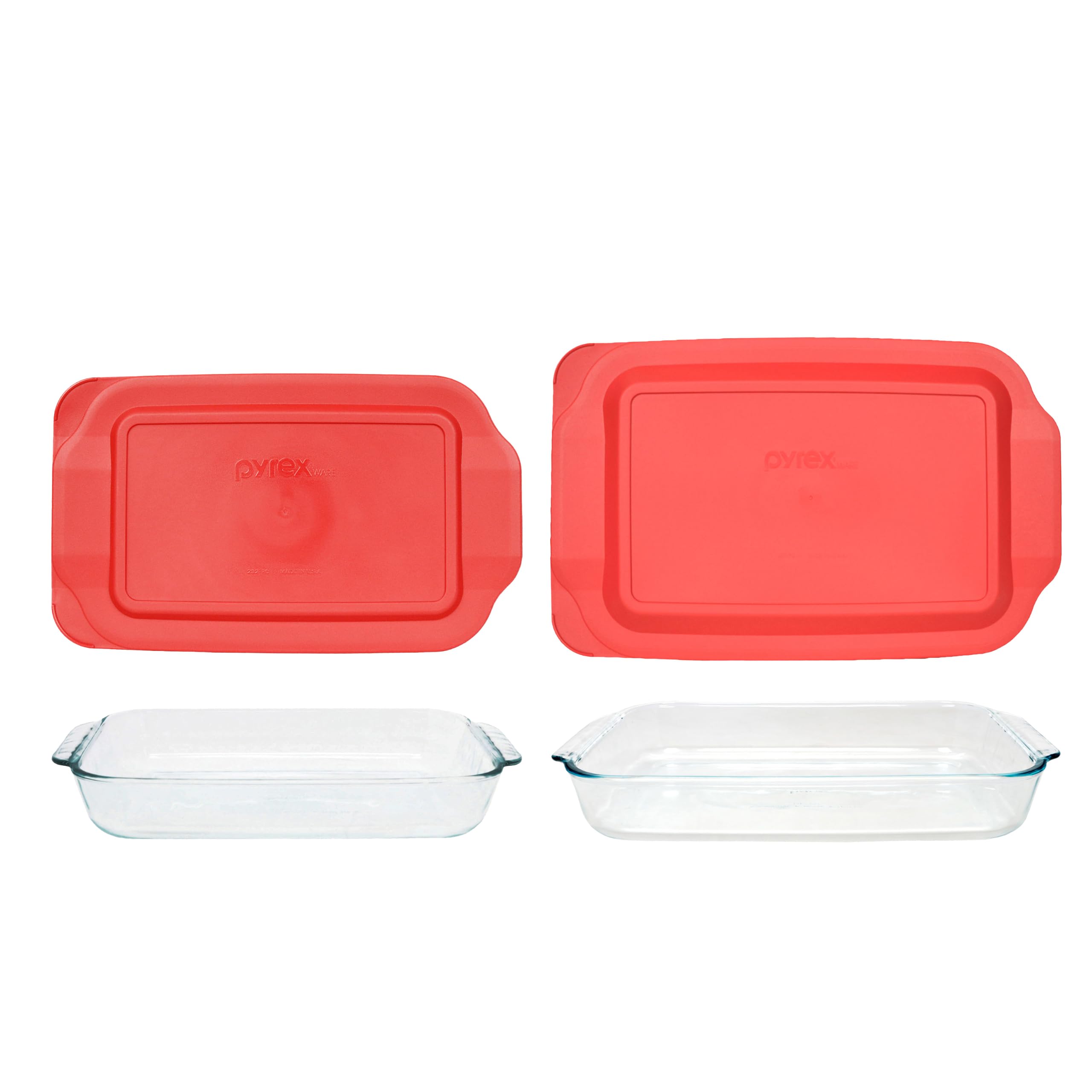 Pyrex 232 (2Qt) & 233 (3Qt) Glass Dishes with Red Lids  Made in USA