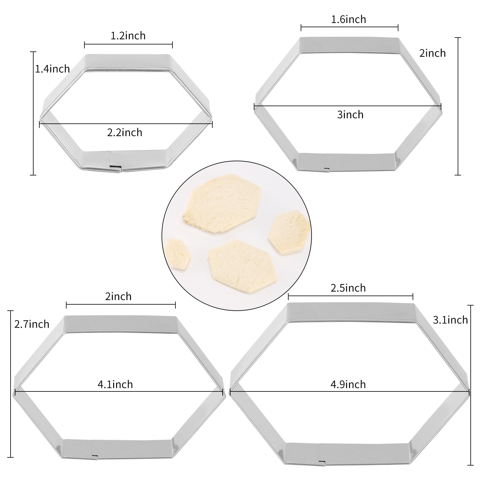 Hexagon Cookie Cutter Set 4 Sizes- 5 Inch, 4 Inch, 3 Inch, 2 Inch Stainless Steel Geometric Gem Cookie Cutters Shapes Molds