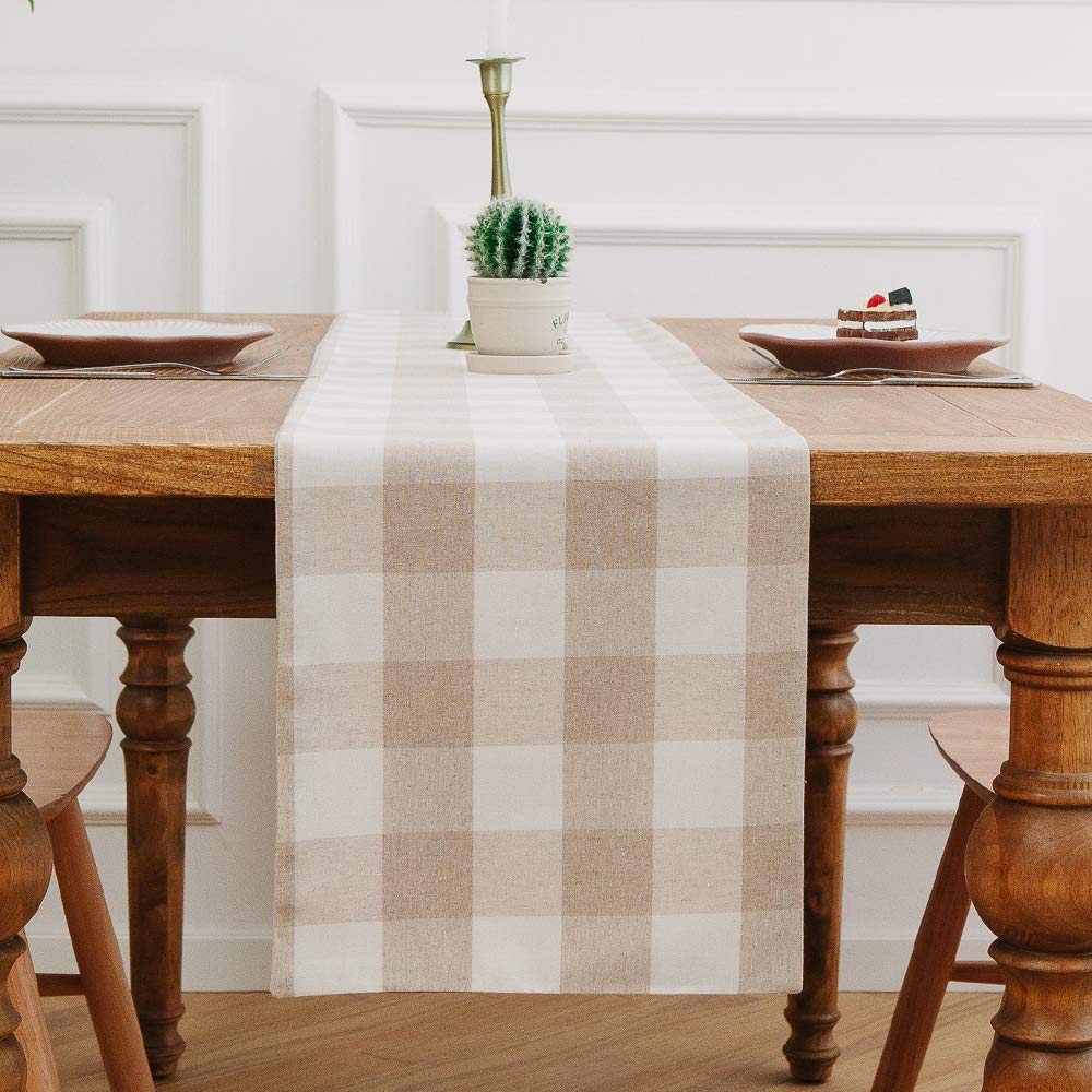 Natus Weaver Beige & White 2 Piece Fabric In 1 Cotton Buffalo Check Table Runner Cloth For Family Dinners Or Gatherings, Indoor