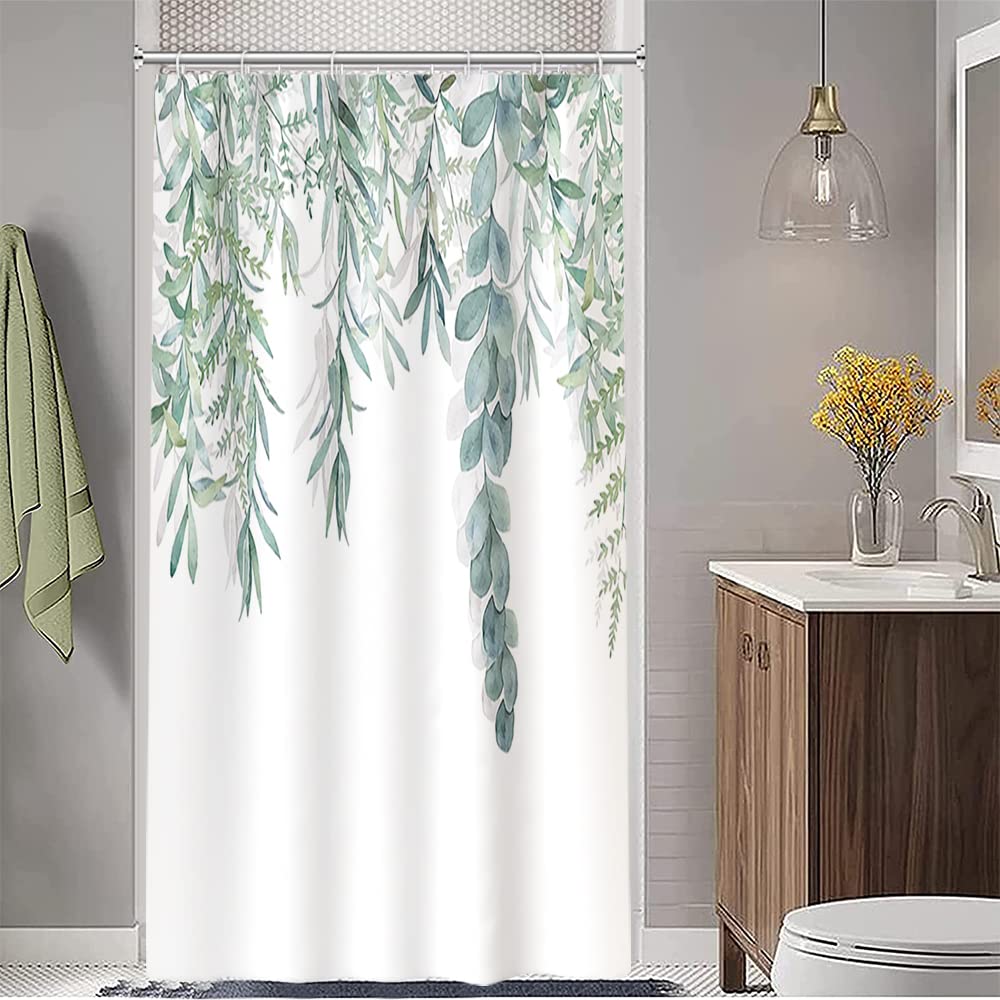 Ruelvth Stall Shower Curtain, Green Eucalyptus Small Shower Curtain Set With Hooks Waterproof Fabric Spring Sage Green Leaves Rv