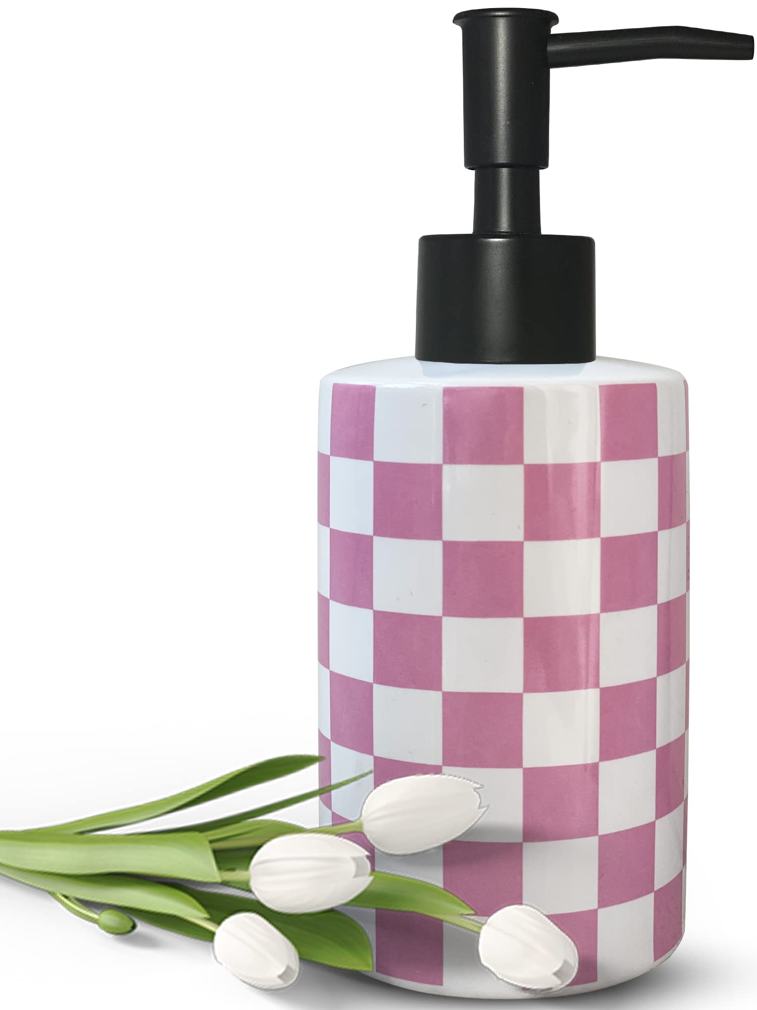 Bathroom Soap Dispenser With Matte Black Pump White Ceramic Soap Dispenser For Kitchen Checkerboard Empty Pump Bottle (Pink)
