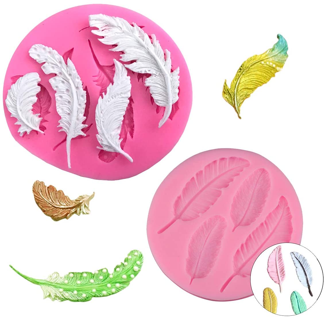 2 Pcs Feather Theme Silicone Molds Set For Diy Fondant Candy Making Chocolate Mold Lollipop Desserts Ice Cube Gum Clay Soap Bisc