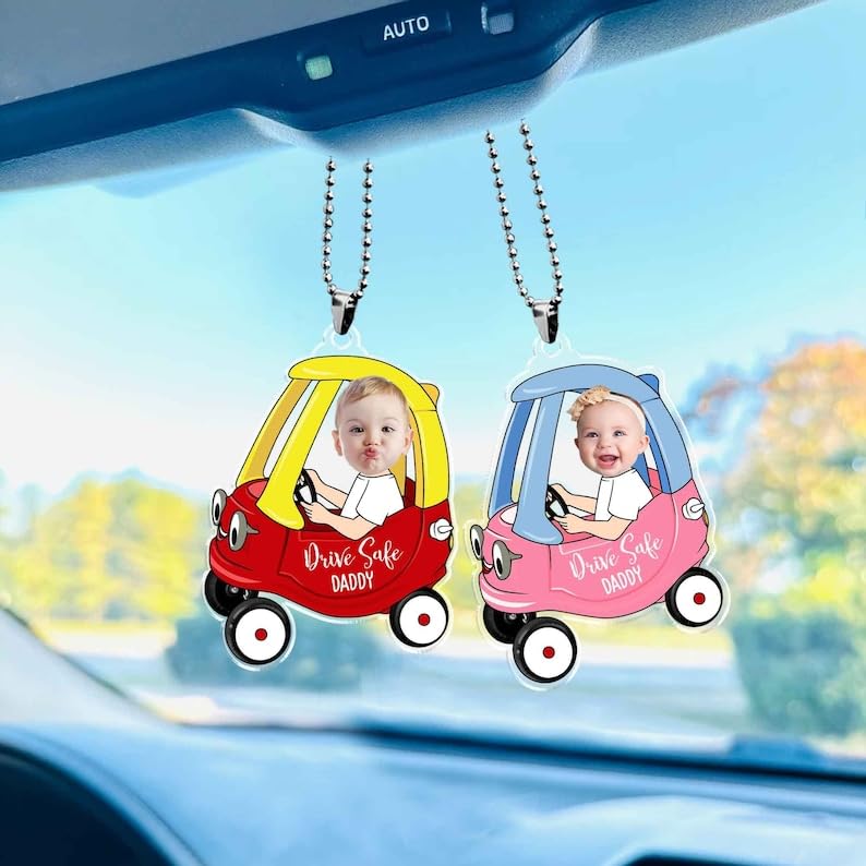 Personalized Photos Car Hanger, Drive Safe Daddy Acrylic Car Ornament, New Dad Gift, First for Him, Daddy Gifts