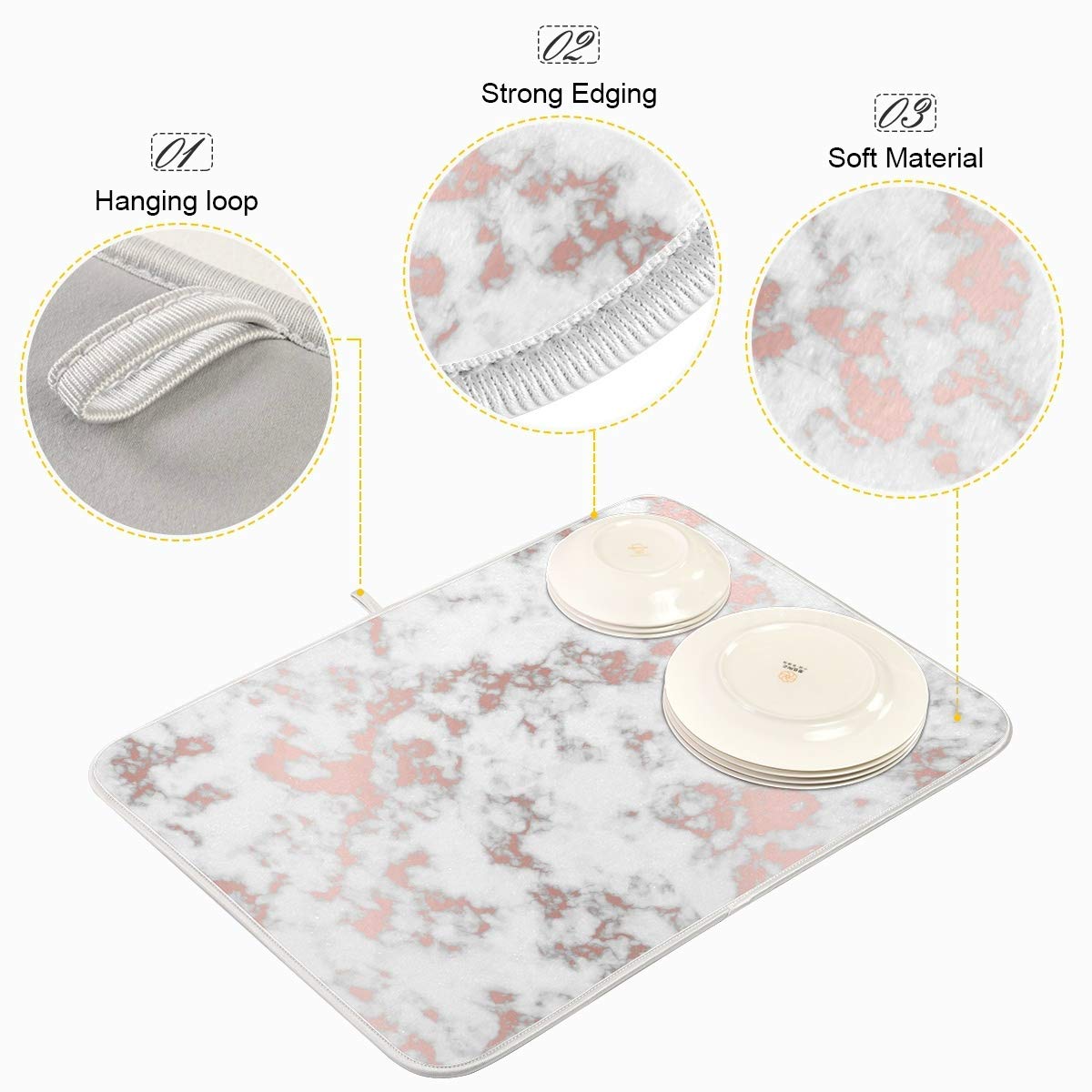 Rose Pink Marble Dish Drying Mat 16X18 For Kitchen Modern Pattern Floral White Grey Marble Dishes Pad Dish Drainer Rack Mats Abs