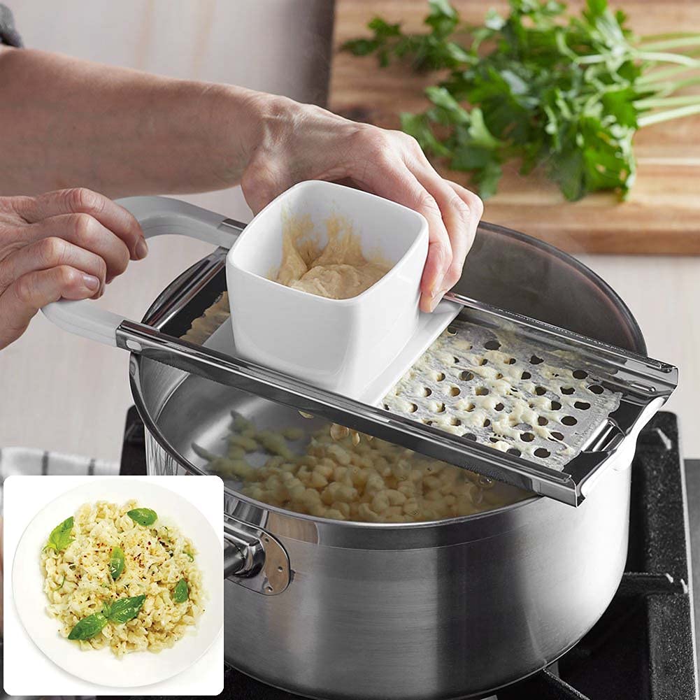Stainless Steel Spaetzle Maker Noodle Dumpling Maker With Safety Pusher, Includes Silicone Spatula