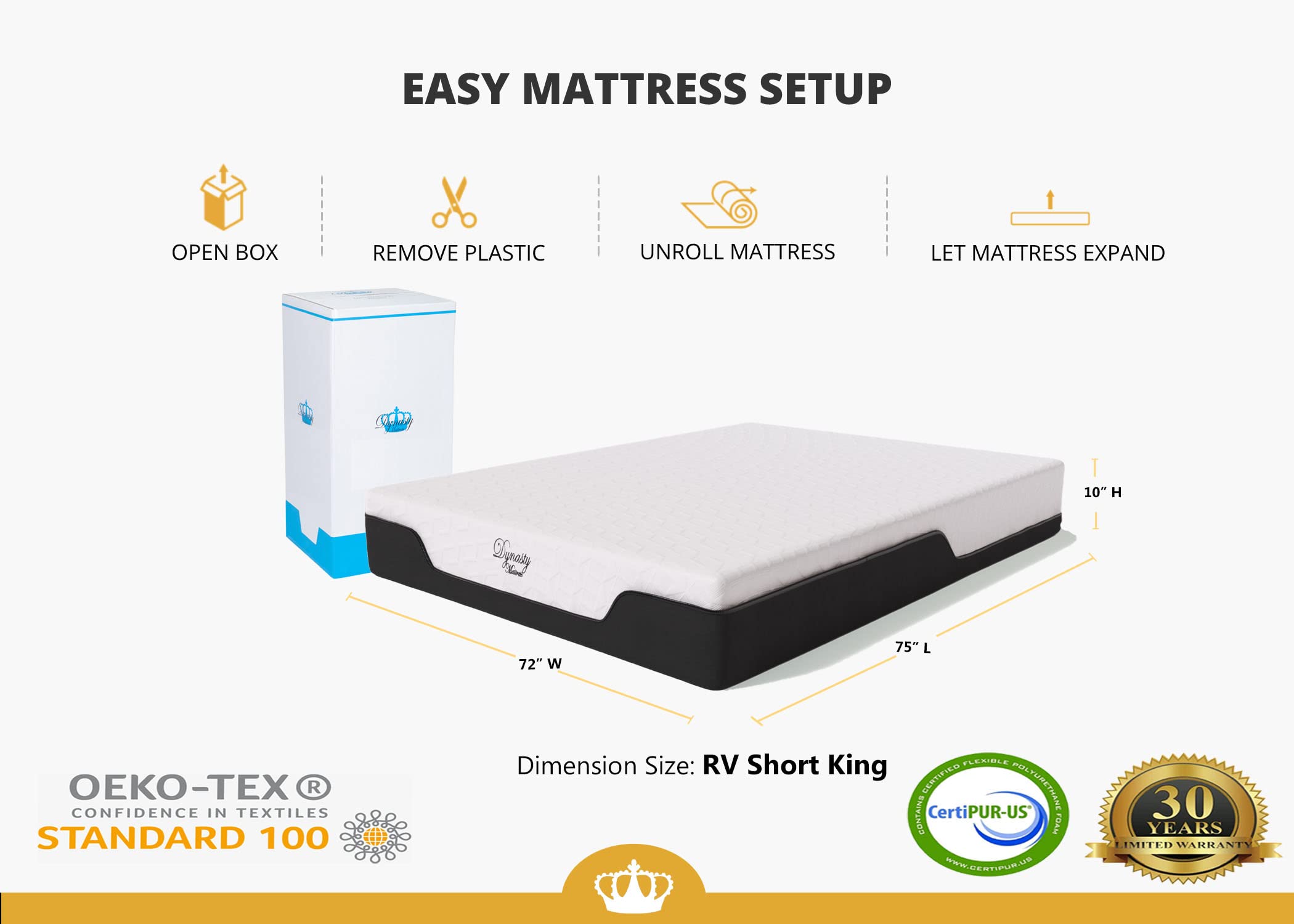 DynastyMattress 10-Inch CoolBreeze Gel Memory Foam Mattress for RV  Camper  Trailer-Short King RV Size  USA Made