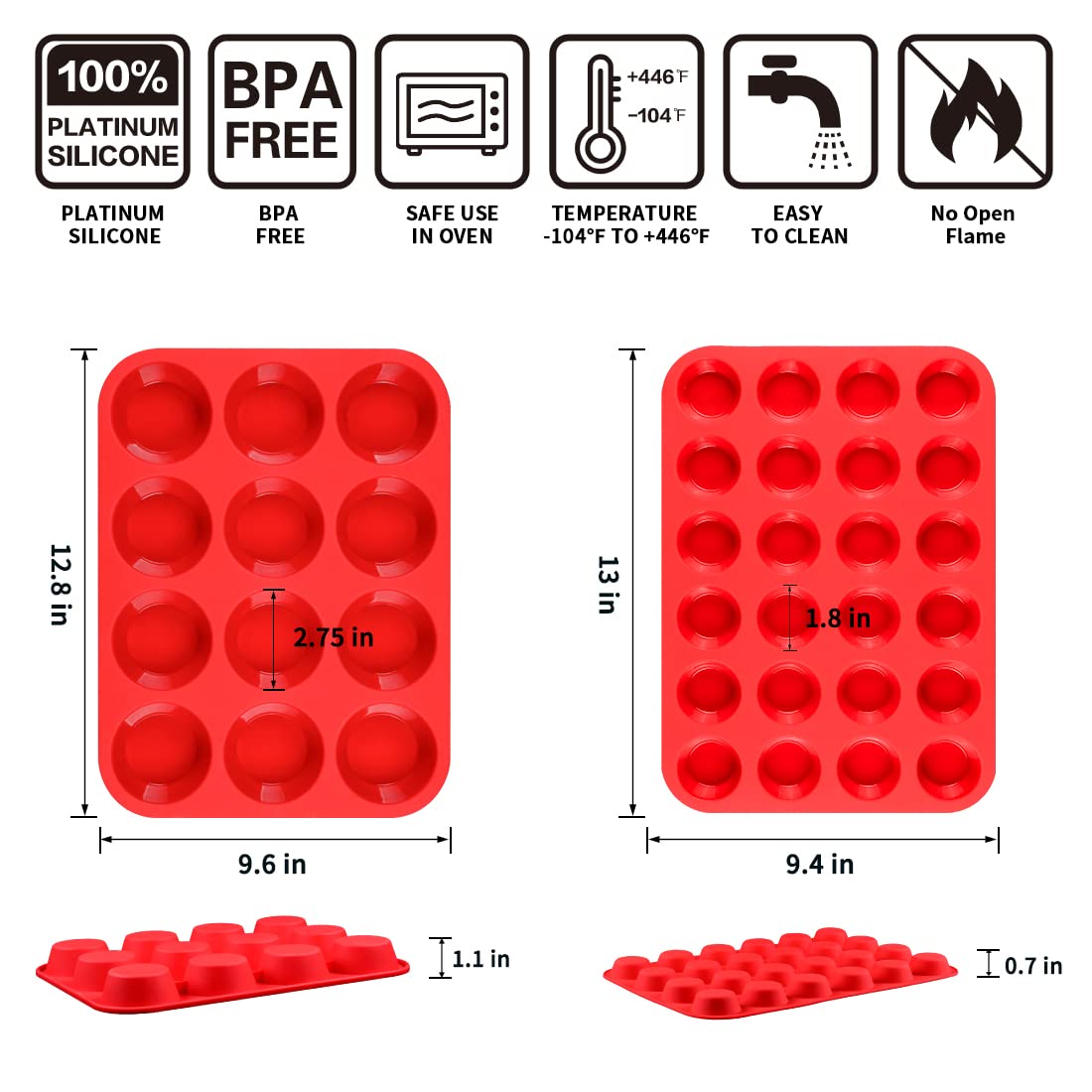 Caketime Silicone Muffin Pan, Mini Muffin Pan, Regular 12 Cups And Mini 24 Cups Muffin Pan Set Of 2 For Baking Egg Bites