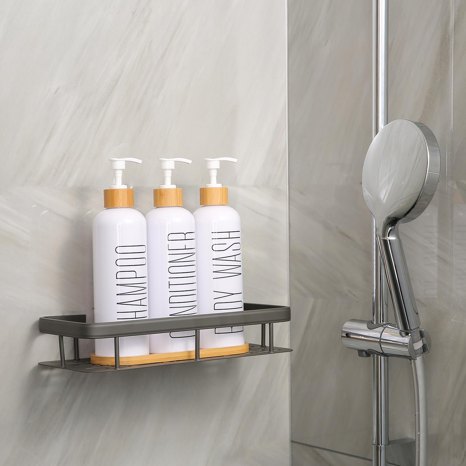 Prus Waso Shampoo And Conditioner Dispenser, Contains Shampoo Conditioner Body Wash Dispenser. Shower Soap Dispenser With Bamboo