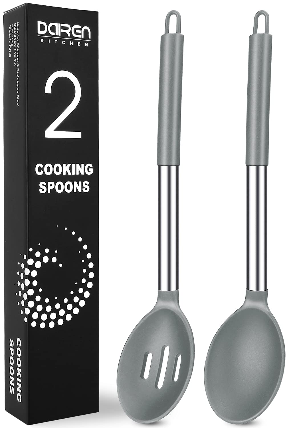Pack Of 2 Large Silicone Cooking Spoons, Non-Stick Stainless Steel Slotted And Solid Spoon Set For Serving, Mixing, Draining, He
