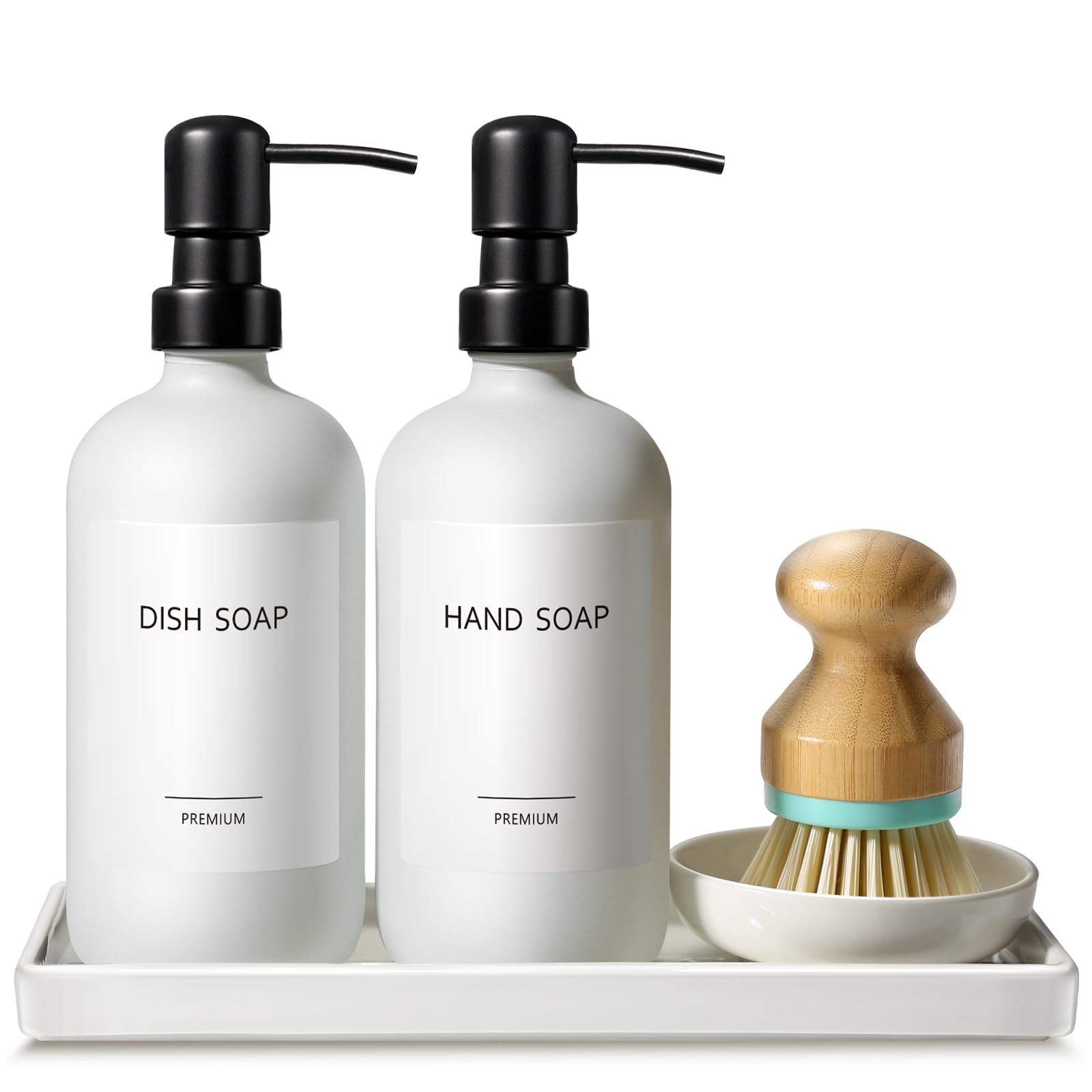 Gmisun Kitchen Soap Dispenser Set, 16 Oz Hand And Dish Soap Dispenser With Ceramic Tray & Bamboo Dish Brush, 2 Pack White Glass