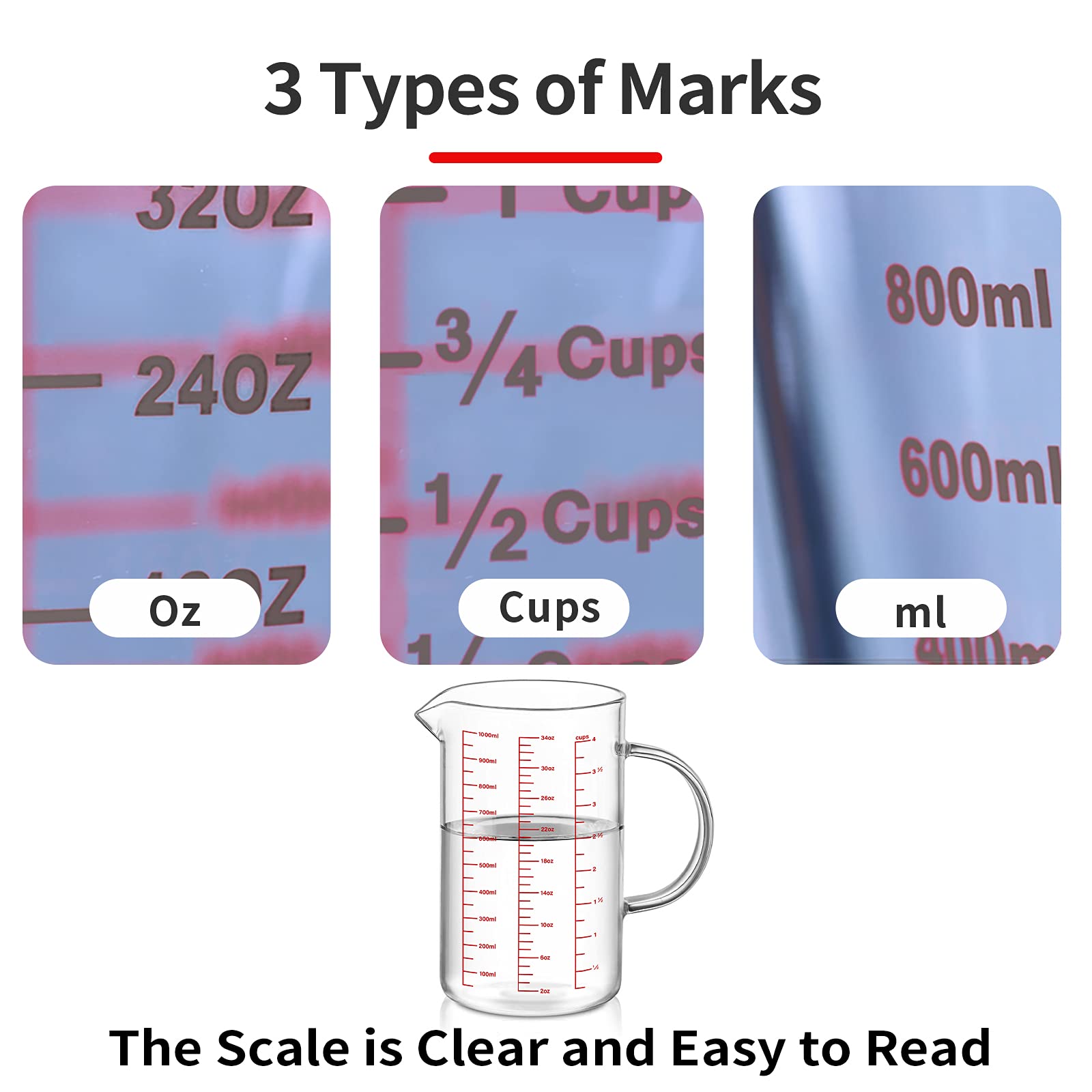 Luvan Glass Measuring Cup  4 Cup Glass Measuring Cup With 3 Scales (Ml/Oz/Cup)  High Borosilicate Glass Measuring Cup With Handle and V-Shaped Spout  Dishwasher/Freezer/Microwave Safe (34OZ  1000ML)