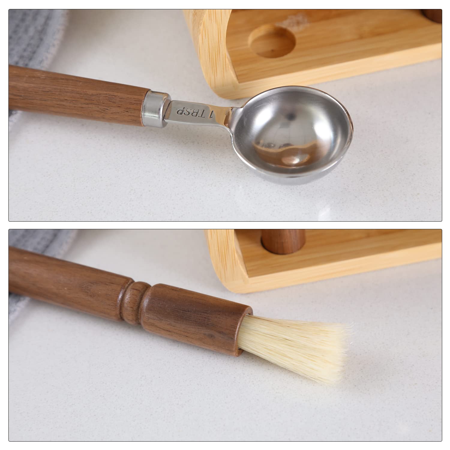 KKC HOME ACCENTS Wooden Salt and Pepper Grinder set with Spoons and Brush Salt and Pepper Mill set 8 inch Refillable Adjustable Coarseness Fine to Coarse