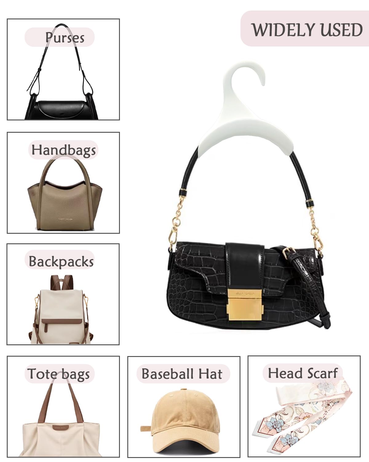 Seebrider Bag Hanger For Closet, Purse Holder White Backpack Hanger Hook For Organizer Storage Purses Tote Bag Backpacks Handbag