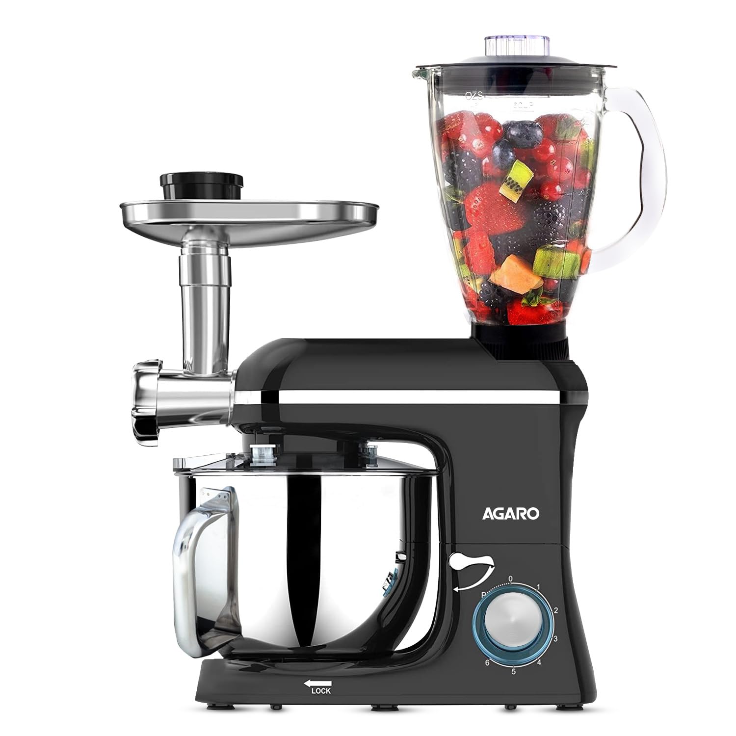Agaro Regency Stand Mixer With Meat Grinder,1400W With 6L Ss Bowl, 1.5L Blending Jar, 6 Speed With Pulse Function, 100% Copper M