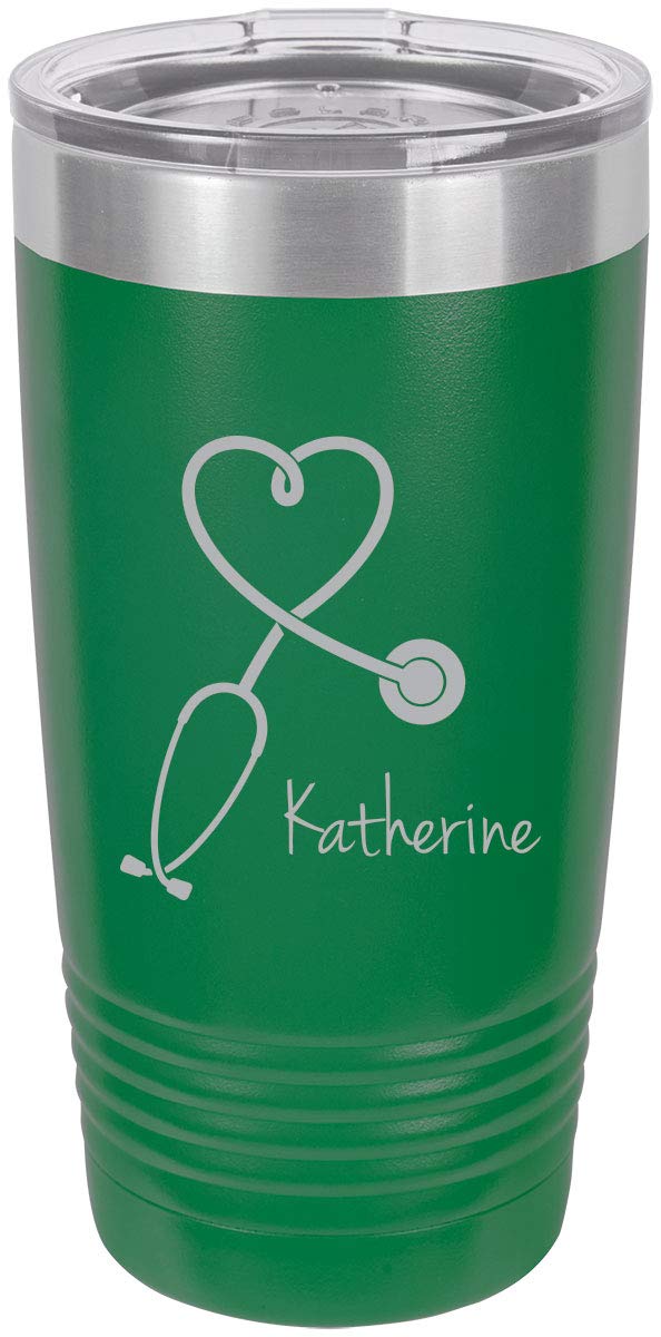 Stethoscope Nurse Personalized Add Your Custom Text Insulated Tumbler 20 Oz Travel Coffee Mug Customizable (Green)