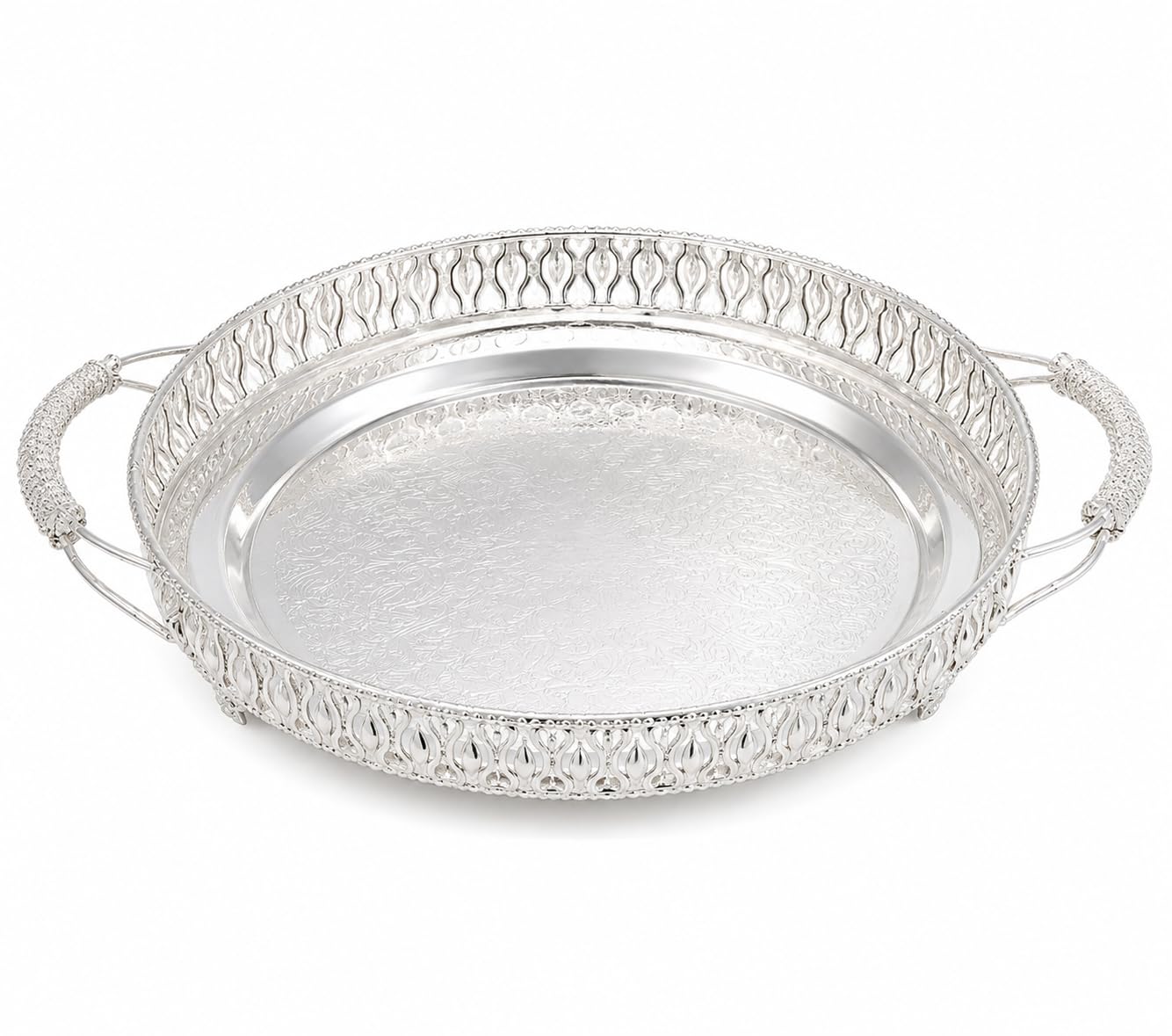 Sgr Handicrafts German Silver Serving Tray With Handles | 12 Inch Decorative Round Serving Tray For Dry Fruits, Sweets, Snacks, 