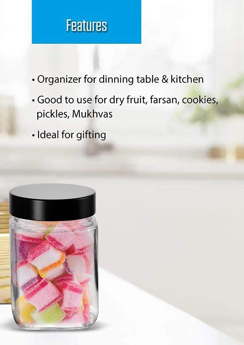 Piramal Glass Square Clear Jars & Containers for Kitchen Pantry, Snacks, Masala, Honey, Pickles, Cookies, Dry Fruits, Coffee Bea