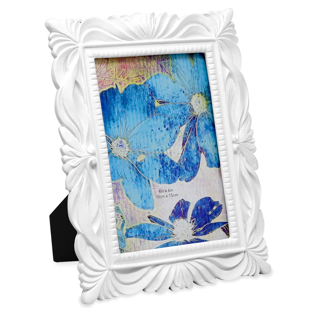 Isaac Jacobs 4x6 White Wave Textured Hand-Crafted Resin Picture Frame with Easel & Hook for Tabletop & Wall Display, Decorative 