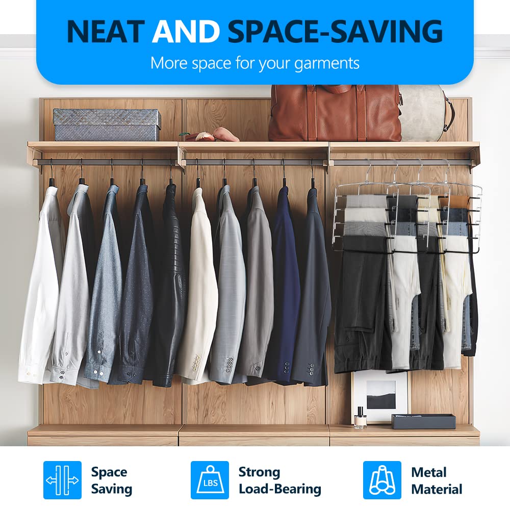 Pants Hangers 6 Pieces,5 Tier Closet Organizers And Storage Clothes Hangers,Hangers Space Saving With Swing Arm,Multiple Metal H