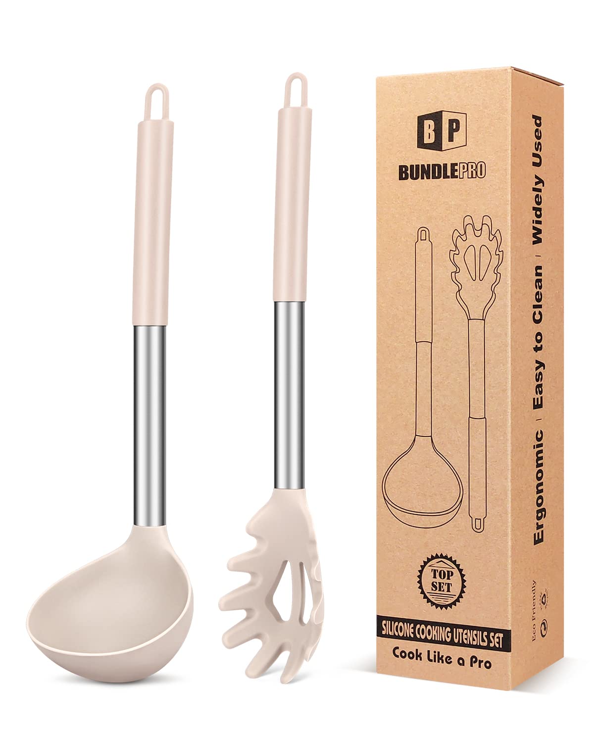 Silicone Pasta Fork and Ladle Spoon Set, Large Non Stick Kitchen Utensils for Cooking,Stirring,Serving Spaghetti, Soup, Sauce (K