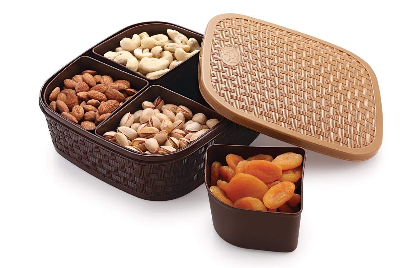 Rj Rojeno Titan Plastic Dry Fruit 4 Sections Empty Multipurpose Dry Fruit/ Chocolates Mouth Freshener/ Sweet Box Set (Multicolor