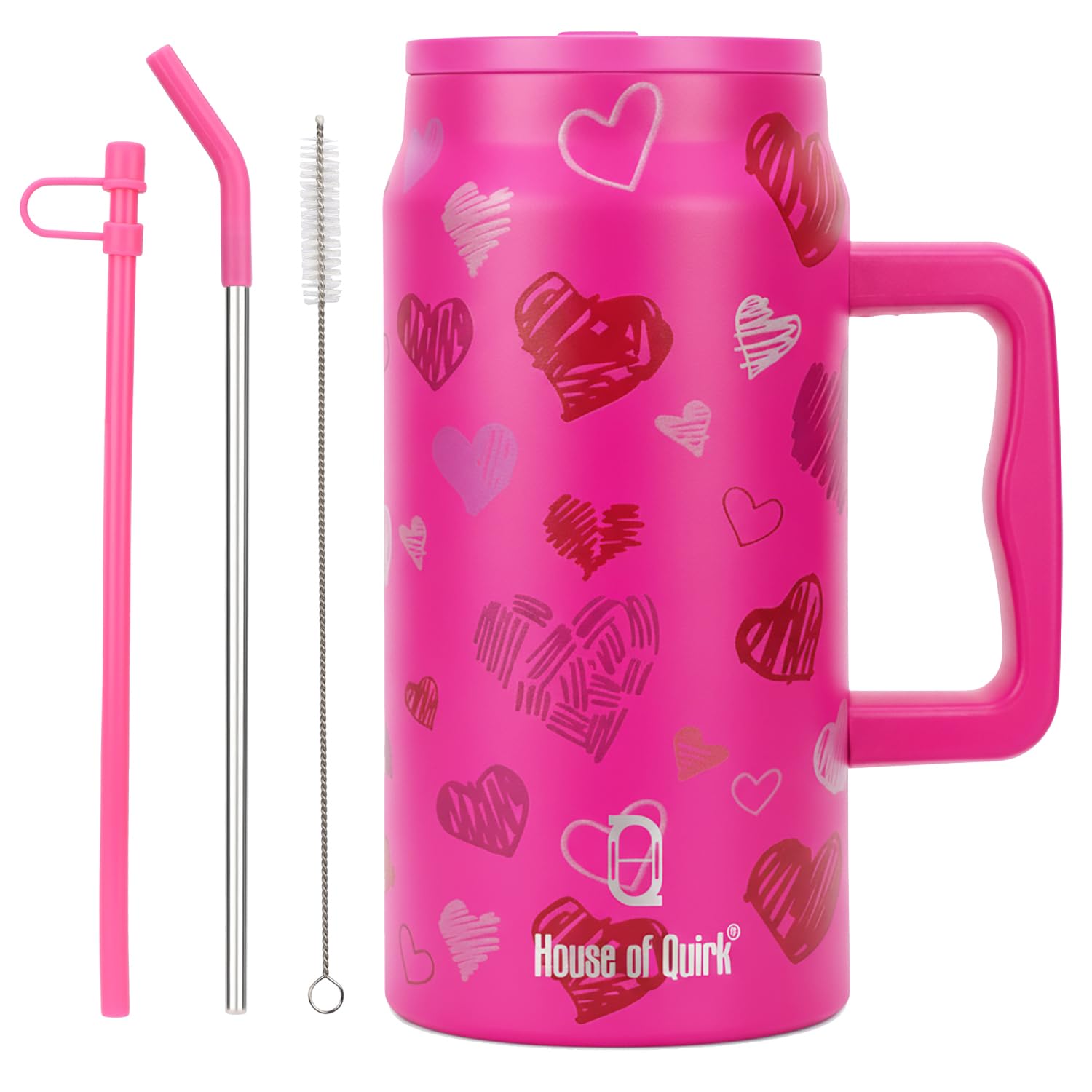 House Of Quirk 1500Ml Stainless Steel Mug Tumbler With Handle & Straw Lid - Large Water Bottle For Men & Women (Rose Heart)