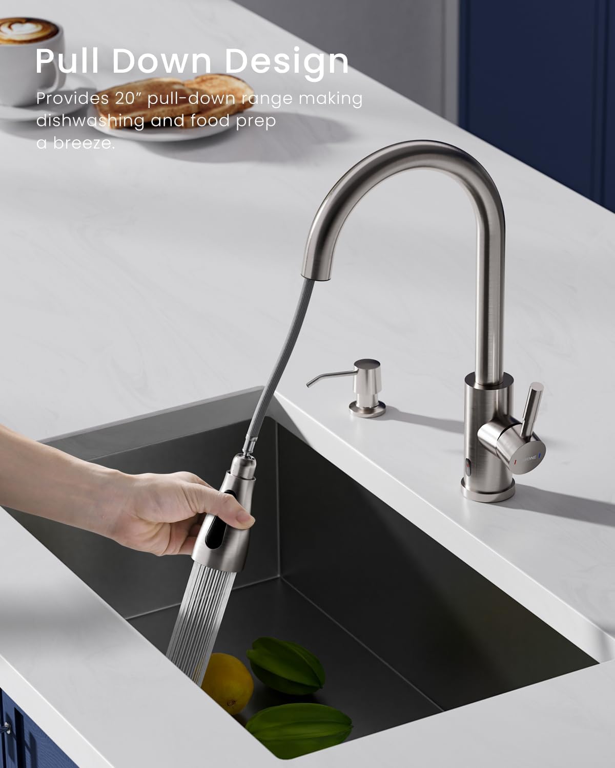 Dayone Touchless Kitchen Sink Faucet With Soap Dispenser And Pull Down Sprayer, Stainless Steel High Arc Motion Sensor Touch Fau