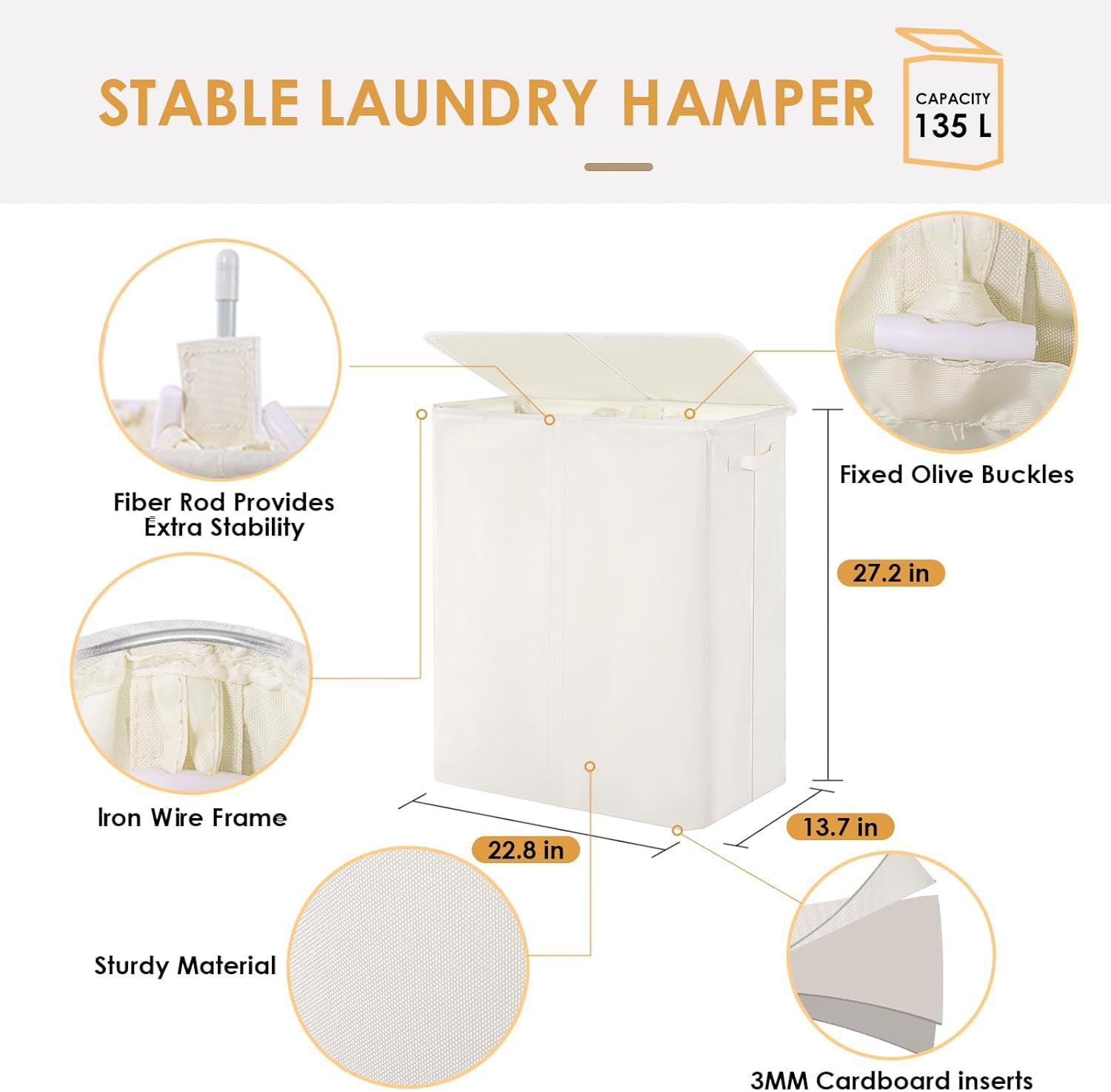 Double Laundry Hamper With Lid, 135L Clothes Hampers For Laundry With Removable Bags & Labels, Laundry Hamper 2 Section For Sepa