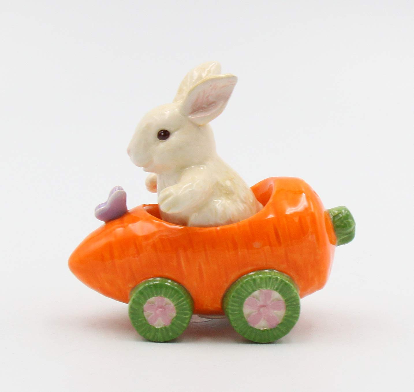 Fine Ceramic Bunny Rabbit On Carrot Cart Salt & Pepper Shakers, 4 1/4'' L