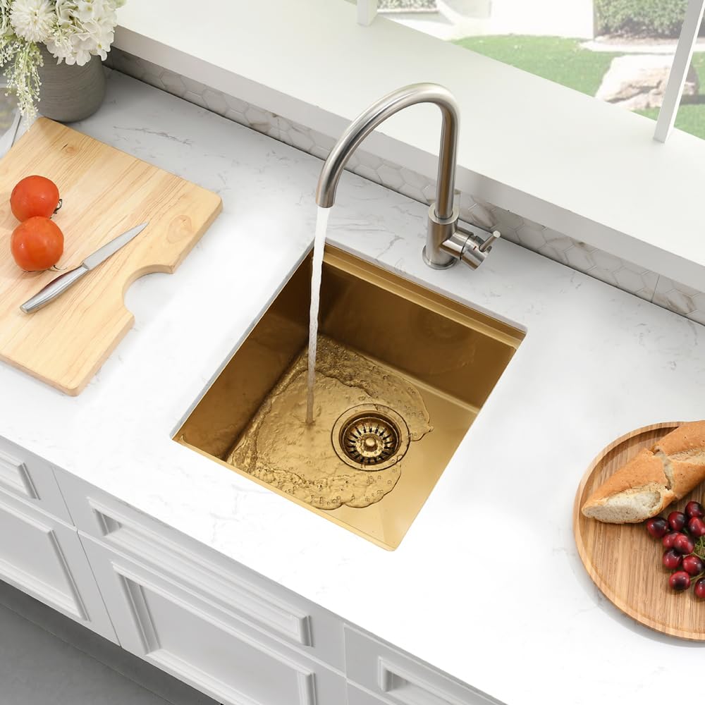 Boomhoze Gold Bar Sink, 15 X 17 Inch Kitchen Sink Undermount Small Bar Sink 16 Guage Stainless Steel Gold Sink Wet Bar Sink Rv S