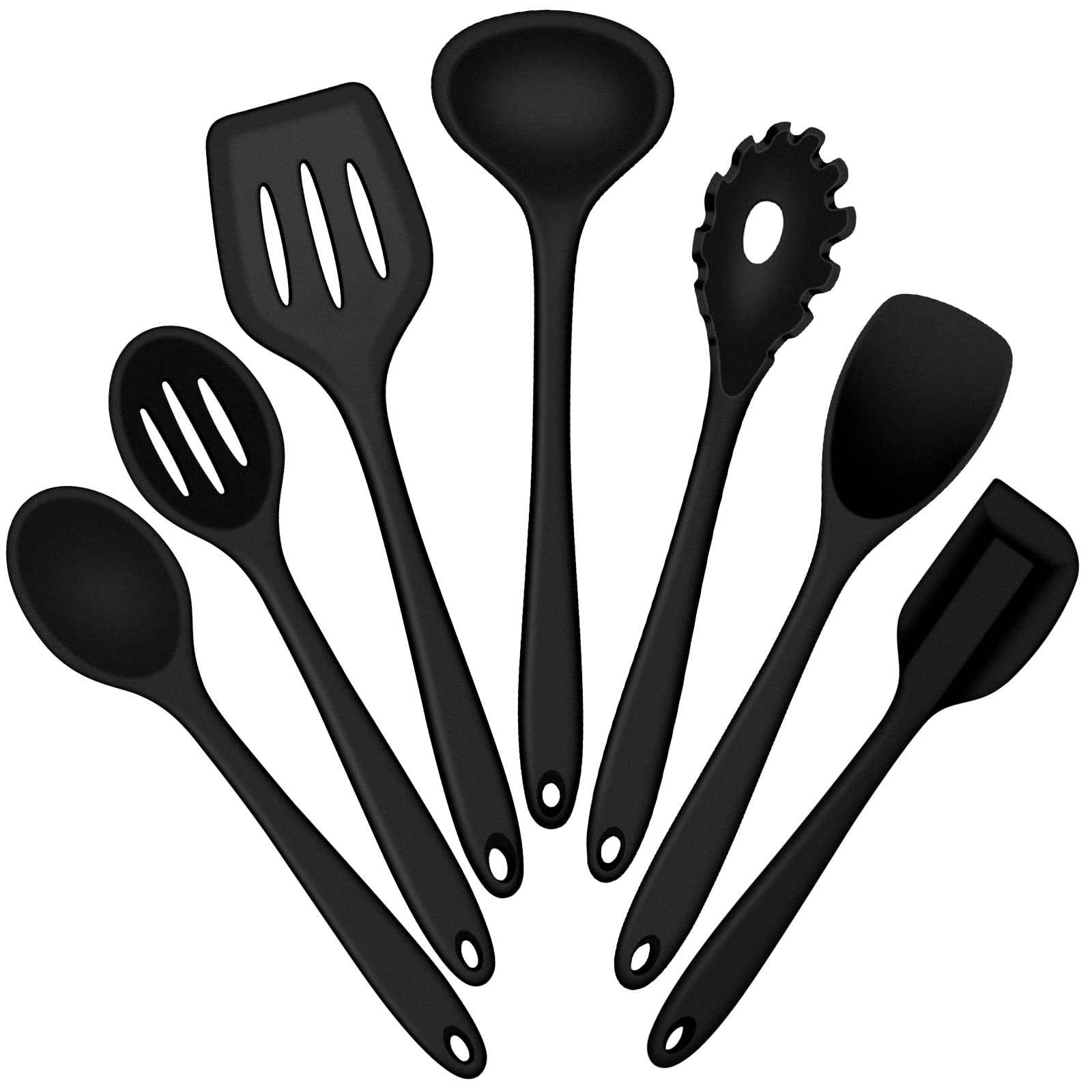 E-Far Silicone Cooking Utensils Set, 7-Piece Black Heat Resistant Kitchen Utensils Set, Kitchen Nonstick Tools Spatula Ladle Spo