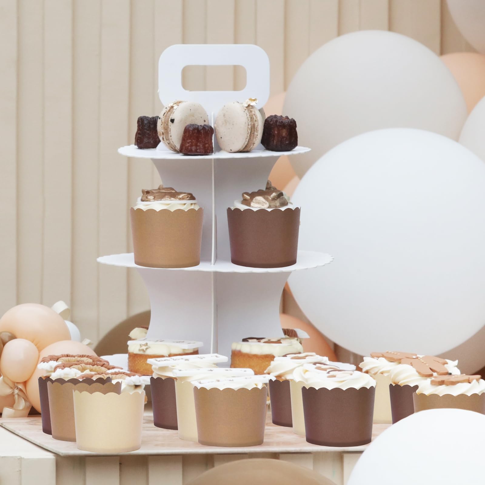 Whaline 120Pcs Brown Paper Baking Cups Scalloped Edge Cupcake Wrappers Gradient Brown Cupcake Muffin Cases For Wedding Birthday