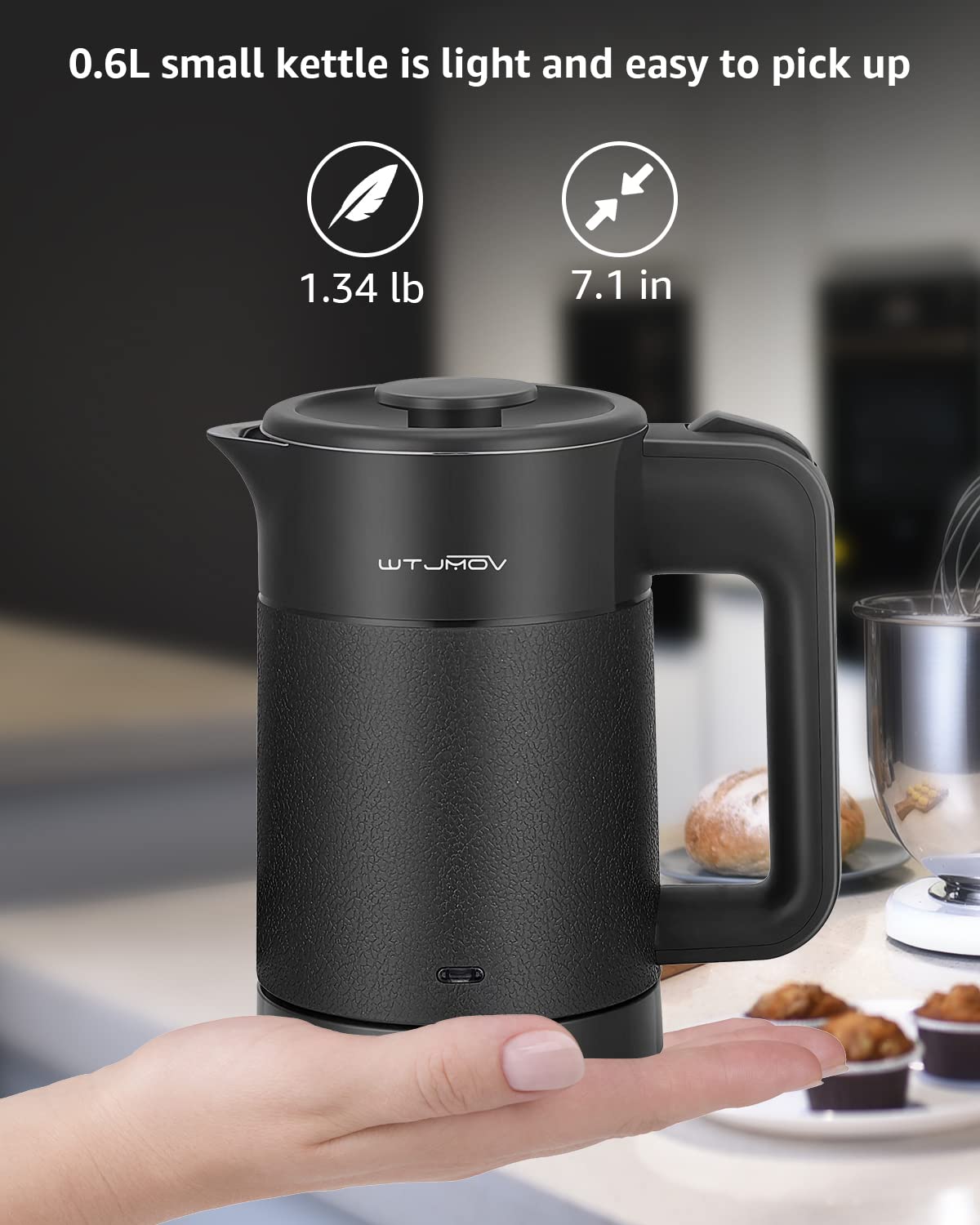 WTJMOV 0.6L Electric Tea Kettle - Stainless Steel, Auto Shut-off, Fast Boil, Black, Model SM-6101